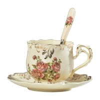 YOLIFE Rose Ivory Teacup Cup and Saucer set,Ceramic Vintage Tea Cup Set with Matching Spoon (8 oz)