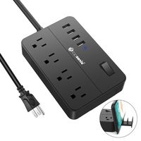 Power Strip with USB, Surge Protector with Multi Plugs 4 USB Ports and 10A 5ft Extension Cord, Widely Spaced Outlets Extendable Stand, Compact USB Power Strip for Desktop, Hotel and Office (Black)