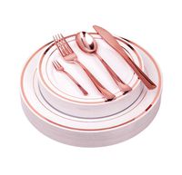 125Pieces Premium Quality Heavyweight Tableware/Elegant Plastic Disposable dinnerware: 25 Dinner Plates, 25 Salad or Dessert Plates & 25 Polished Rose Gold Forks Knives & Spoon/Bonus 25 Dessert Forks