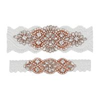 yanstar Wedding Bridal Garter Off-White Stretch Lace Bridal Garter Sets with Rose Gold Rhinestones Clear Crystal Pearl for Wedding