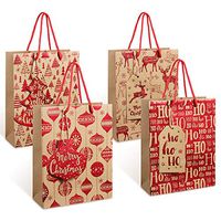 Coogam 24 PCS Thick Kraft Paper Christmas Gift Bags with Glitter & Tags & Handle - Reindeer Xmas Tree Letter-Ho Tree Décor Present Wrapping for Holiday Packaging Party Favors New Year (12 inch Large)