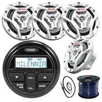 Millenia PRV17 Gauge Style Marine Boat Yacht Radio Stereo Receiver Bundle Combo with 4X JVC CS-DR6201MW 300-Watt 6.5 2-Way Coaxial Speakers + Enrock Radio Antenna + 50 Foot 16g Speaker Wire