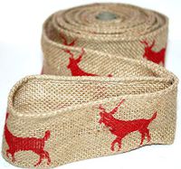 Christmas Deer Printed Burlap Ribbon Wired Roll 10 Yards 2.5"