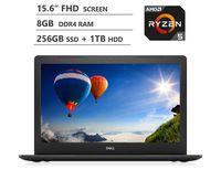 Dell Inspiron 15.6" Full HD LED-Backlit Display Laptop, AMD Ryzen5 2500U Quad-Core Processor Up to 3.60 GHz, 8GB RAM, 256GB PCIe SSD + 1TB HDD, HDMI, Wi-Fi, Bluetooth, Windows 10 Home, Licorice Black