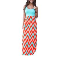 Women Boho Chevron Stripe Print Sleeveless/Long Sleeve Long Maxi Dress Plus Size Blue