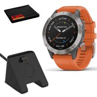 Garmin Fenix 6 Multisport GPS Smartwatch (47mm, Sapphire, Titanium/Ember Orange Band) with Charging Stand and Microfiber Cloth