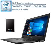 2020 Dell Inspiron 15 Laptop Computer, 15.6" Touchscreen, 8th Gen Intel Core i3-8145U Up to 3.9GHz (Beat i5-7200U), 32GB DDR4 RAM, 1TB HDD + 1TB PCIE SSD, Windows 10 + EST 500GB External Hard Drive