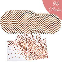 Onebttl 96 PCS Rose Gold Party Supplies, Disposable Paper Plates Dinnerware Set- 32 Dinner Plates, 32 Dessert Plates, 32 Napkins for Wedding, Birthday, Graduations, Bridal Shower (Rose gold-stripe)