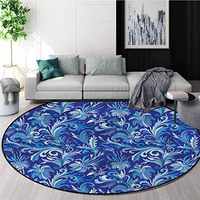 RUGSMAT Navy Blue Modern Washable Round Bath Mat,Oriental Pastel Flowers Design Non-Slip Fabric Round Rugs for Bedroom Round-71
