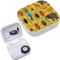 Portable Contact Lens Case Box Travel Kit Mirror + Bottle + Tweezers Container Holder [ African Ethnic Stylized ]