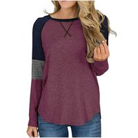 Briskorry Women's Color Block Patchwork Pullover Round Neck Tunic Tops Casual Long Sleeve Loose Shirt Blouse Wine