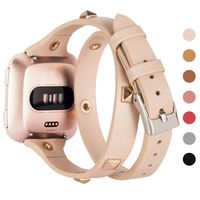 Wearlizer Leather Double Tour Band Compatible with Fitbit Versa/Versa 2 /Versa Lite/Versa SE Women Men,Slim Genuine Leather Rivet Watch Bands Compatible for Fitbit Versa（Beige）