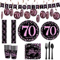 Trgowaul 70th Birthday Party Supplies - Black and Pink Disposable Paper Plates, Napkins, Cups, Tablecover, Forks, Knives and Spoons for 16 Guests and Decorations Banner
