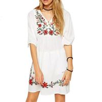 Women Dress Daoroka Ladies Sexy V Neck Flower Embroidery Three-Quarter Sleeves Loose Casual Tunic A-Line Swing T-Shirt Boho Short Mini Skirt Spring Summer Autumn Sundress (S, White)