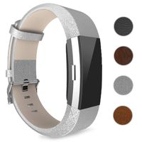 Bands Compatible for Fitbit Charge 2, Bear Village Genuine Leather Band for Fitbit Charge 2, Adjustable Replacement Sport Wrist Bands/Straps for Fitbit Charge 2 Smart Fitness Tracker - Silver