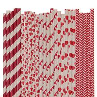 Biodegradable Paper Straws Mix, Valentines Day, Red, Striped Heart Pennant Banner Chevron (100)