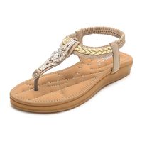Cenglings Women Casual Clip Toe Rhinestone Slingback Sandals T-Strap Crystal Platform Flat Shoes Bohemian Elastic Band Dress Sandals(Beige,39)