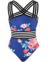 Hilor Women's One Piece Swimwear Front Crossover Swimsuits Hollow Bathing Suits Monokinis Navy&red Floral M/US8-10