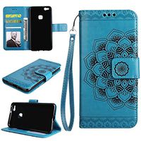 Huawei P10 Lite Wallet Case, EST-EU Retro Mandala Embossing PU Leather Stand Function Protective Covers with Card Slot Holder Wallet Book Case for Huawei P10 Lite, Blue