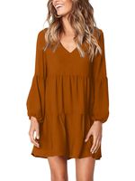 Amoretu Women Long Sleeve Tunic Dress V Neck Swing Shift Dresses(Brown,Small)