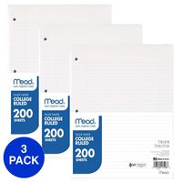Mead Loose Leaf Paper, Filler Paper, College Ruled, 200 Sheets, 11 x 8-1/2 inches, 3 Hole Punched, 3 Pack (73189)
