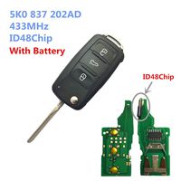 Dudely 3 Buttons Flip Folding Remote Key Fob 433MHz ID48 Chip For VW 5K0837202AD (Include electronic,chip)