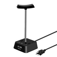 Headphone Stand with 4 USB Charging Port 2 Outlet LED Desk Lamp Lighting HD Clock Display - Universal Sizes Gaming Headset Hanger Support