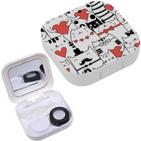 Portable Contact Lens Case Box Travel Kit Mirror + Bottle + Tweezers Container Holder [ Cats Hearts ]