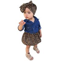 Boomboom Baby Girls Summer Dress, Fashion Girl Denim Shirt +Leopard Skirt + Headband 3PC Set (1.5T, Blue)