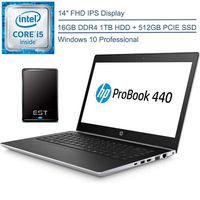 2020 HP ProBook 440 G5 14" FHD Business Laptop Computer: Intel Core i5-7200U up to 3.1GHz, 16GB DDR4, 1TB HDD + 512GB PCIe SSD, 802.11ac WiFi, Windows 10 Professional + EST 500GB External Hard Drive