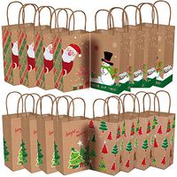 Bags with Handles, Christmas Kraft Paper Prints with Xmas Tree, Snowman, Santa Claus for Presend Wrap Goody Bags, School Classrooms Party Favors, 16 Pack