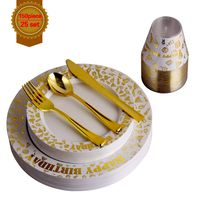 150pcs Gold Premium Plastic Cutlery&Plates Set/Confetti Birthday Tableware Including 25 Dinner Plates, 25 Salad or Dessert Plates & 25 Polished Silver Forks Knives & Spoons & 9oz cups