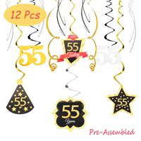 55 Birthday Decoration Happy 55th Birthday Party Silver Black Gold Foil Hanging Swirl Streamers I'm Fifty-five Years Old Today Birthday Hat Gold Star Ornament Party Present Supplies