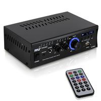 Home Audio Power Amplifier System - 2x120W Dual Channel Theater Power Stereo Receiver Box, Surround Sound w/ USB, RCA, AUX, LED, Remote, 12V Adapter - For Speaker, iPhone - Pyle PCAU46A