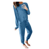 Wadonerful-women Sports Suit Fall Loose Solid O Neck Long Sleeve Sweatshirt Top+Pant Tracksuit 2 Piece Loungewear Set (XXL, Blue)