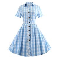 Fashion Women Dress Vintage Plaid Retro Ball Gown Short Sleeve Swing Evening Party Beach Dress Light Blue