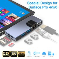 6 in 1 Surface Pro 4 Pro 5 Pro 6 Hub Docking Station, Rocketek for Microsoft Surface Pro Dock with 100Mbps Ethernet Port,4K HDMI, 2 USB 3.0 Ports,SD/TF Card Surface Pro Adapter for Surface Pro 6/5/4