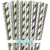 Paper Drinking Straws- Green and White - Stripe Chevron Polka Dot - 7.75 x .25 Inches - 75 Pack - Outside the Box Papers Brand