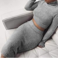 Iumer 2pcs Women Sweater Skirt Set Autumn Winter Long Sleeve High Collar Cropped Top and Pencil Skirt Knitted Suit,Gray,S