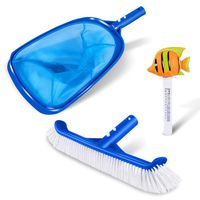3 PCS Pool Cleaning Set with 12" Aluminium Swimming Pool Cleaning Brush,Pool Leaf Rake and Pool Floating Animal Thermometer with F/C Display(Goldfish)- for In-ground Pool and Above-Ground Pool.