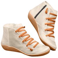 Women's Arch Support Boots Comfy Retro Lace Up Flat Heel Ankle Booties Zipper Round Head Casual Short Boot (Beige, 9.5-10)