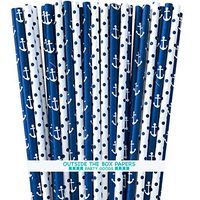 Nautical Theme Anchor and Polka Dot Nautical Theme Paper Straws - Navy Blue and White - 7.75 Inches - 100 Pack