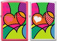 Zippo Hearts 2 Lighter Set Funky Heart, Patch Work Polka Dots Rare