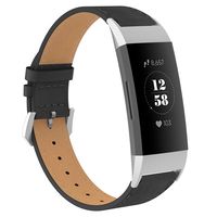 GAISHI Band Compatible with Fitbit Charge 3/Charge 3 SE, Premium Leather Wristband Strap with Metal Adaptor for Women Men, Black+Silver Adaptor