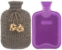 Premium Classic Rubber Hot Water Bottle and Blending Knit Cover with Pom Pom Decor (Gray)