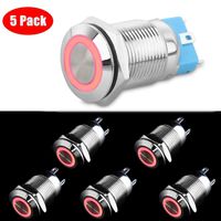 Linkstyle 5Pcs DC 12V/24V Metal Latching Push Button Switch, 4 Pin Car RV Truck Boat SPDT ON/OFF Switch, Waterproof Self-Locking Round Marine Switch with Red LED Light for 12mm 1/2" Mounting Hole