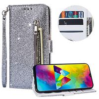 Luxury Glitter Bling Zipper Wallet Phone Case for Samsung Galaxy M40/Galaxy A60, MOIKY Bookstyle PU Leather Flip Folio Magnetic Purse Pockets Credit Card Holder Wrist Strap Case Cover - Silver