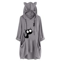 Sunhusing Womens Cute Lazy Lying Cat Printed Solid Color Long Sleeve Sweatshirt Cat Ear Hooded Pocket Tunic Tops