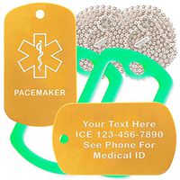 Custom 2 Pack - Pacemaker Medical Alert ID Necklaces with Gold Custom Tags, Green Silencers, and 30'' USA Chains