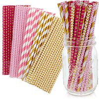 Party on Tap Pink and Gold Straws - Bulk Pack of 125 Assorted Paper Straws for Party Supplies, Birthday Parties, Baby Shower, Wedding Shower Decorations - 7.75 Inches